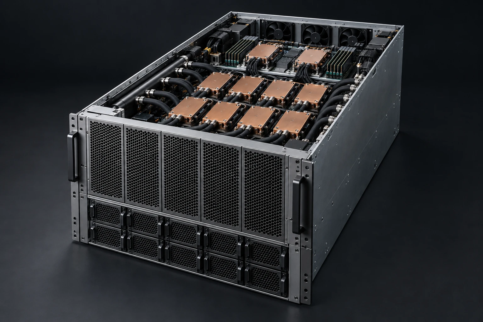 Illustrative open 8U AI server with liquid-cooling cold plates, coolant hoses and internal components